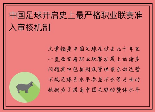 中国足球开启史上最严格职业联赛准入审核机制 中国足球开启史上最严格职业联赛准入审核机制